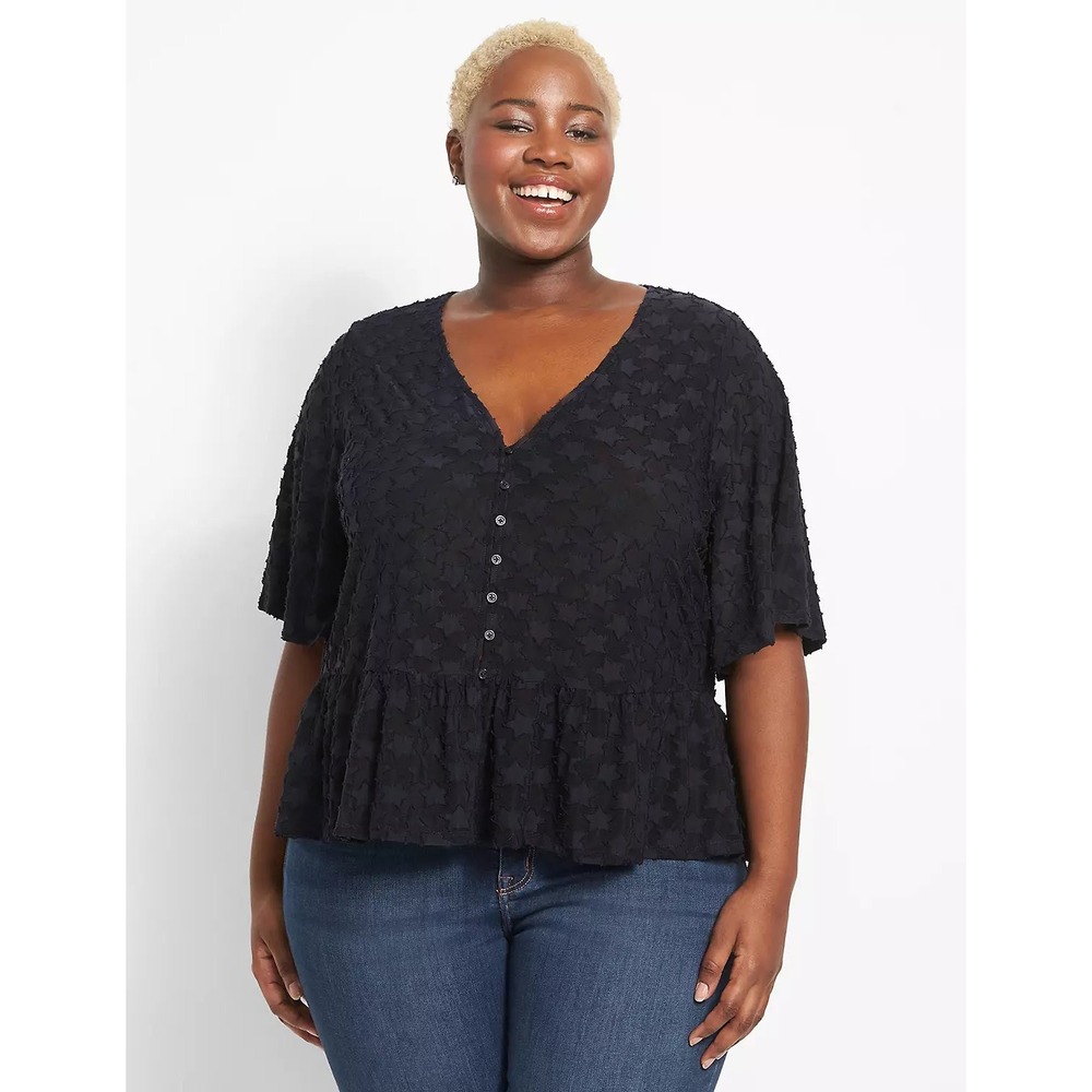 Lane Bryant Navy Star Burnout Classic Flutter Sleeve Peplum Shirt Sz 22/24 Sheer